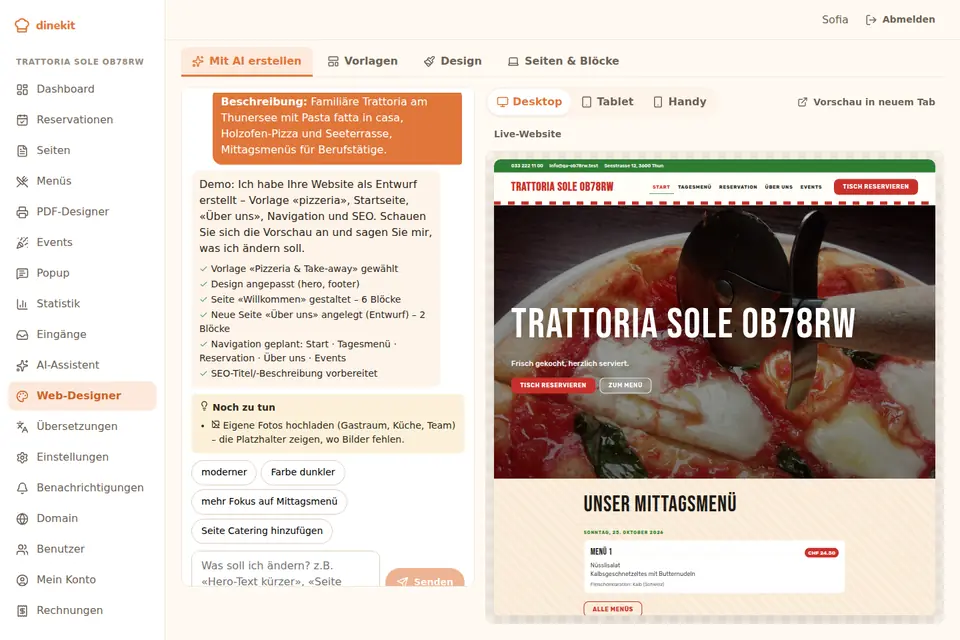 Screenshot: AI website builder with chat and live preview of the generated website