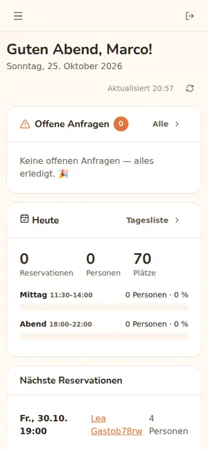 Screenshot: reservations – day list with lunch and dinner occupancy