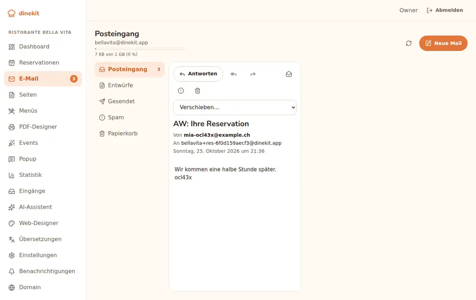 Screenshot: webmail in the dinekit back office