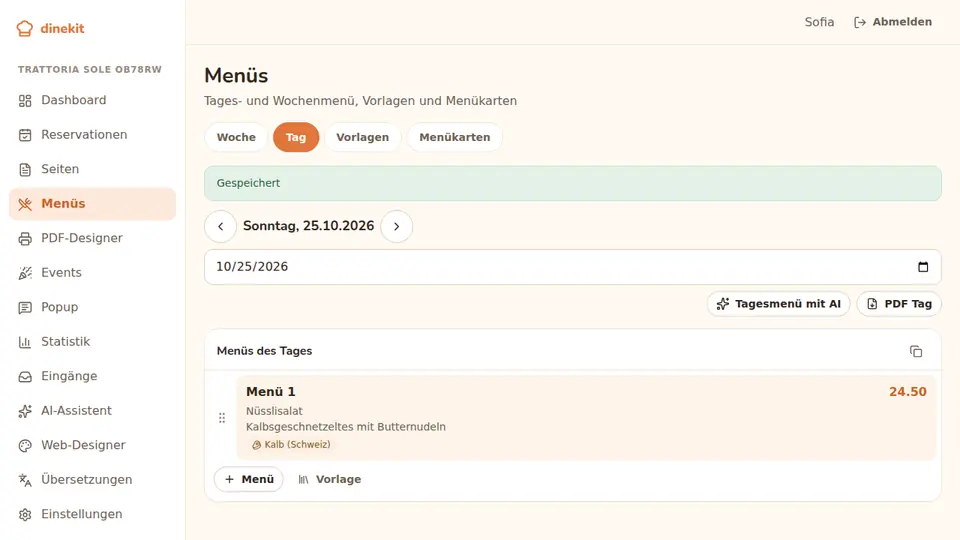 Screenshot: daily menu with price and meat declaration