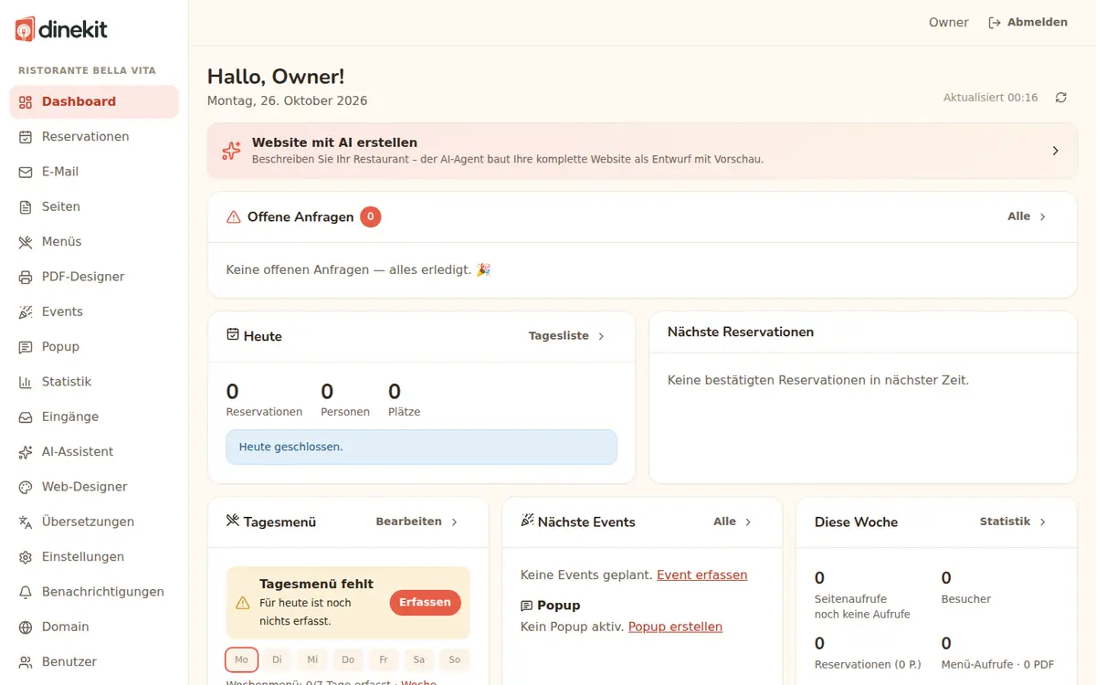 Screenshot: dinekit dashboard with open requests, today’s reservations and daily menu